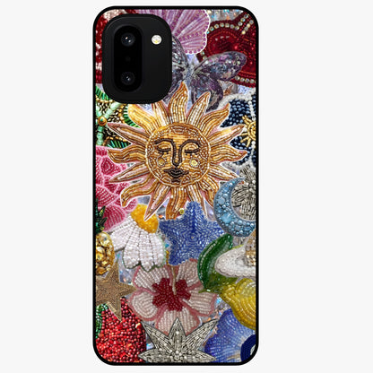 Celestial Floral and Playful Glass Case for 1+15R vibrant front view featuring floral artwork blended with cosmic elements