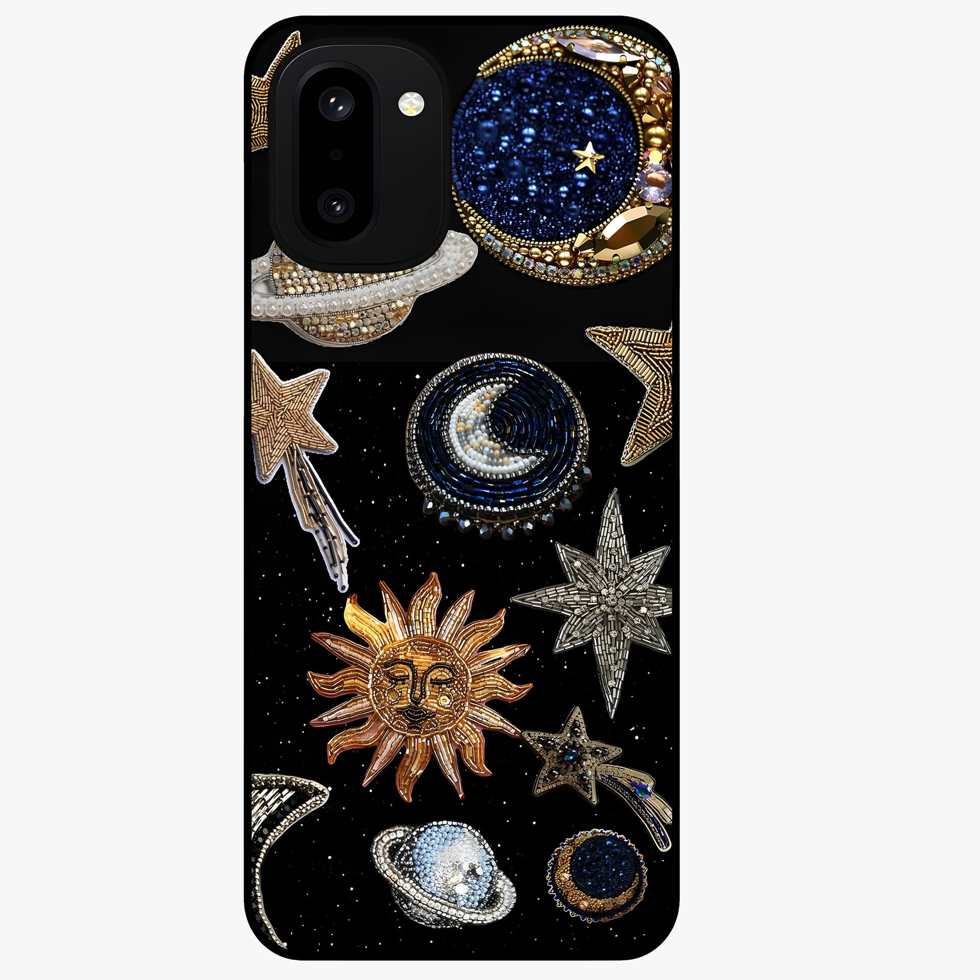 Celestial Gem Constellations Glass Case for 1+15R elegant front view featuring gemstone inspired constellation artwork