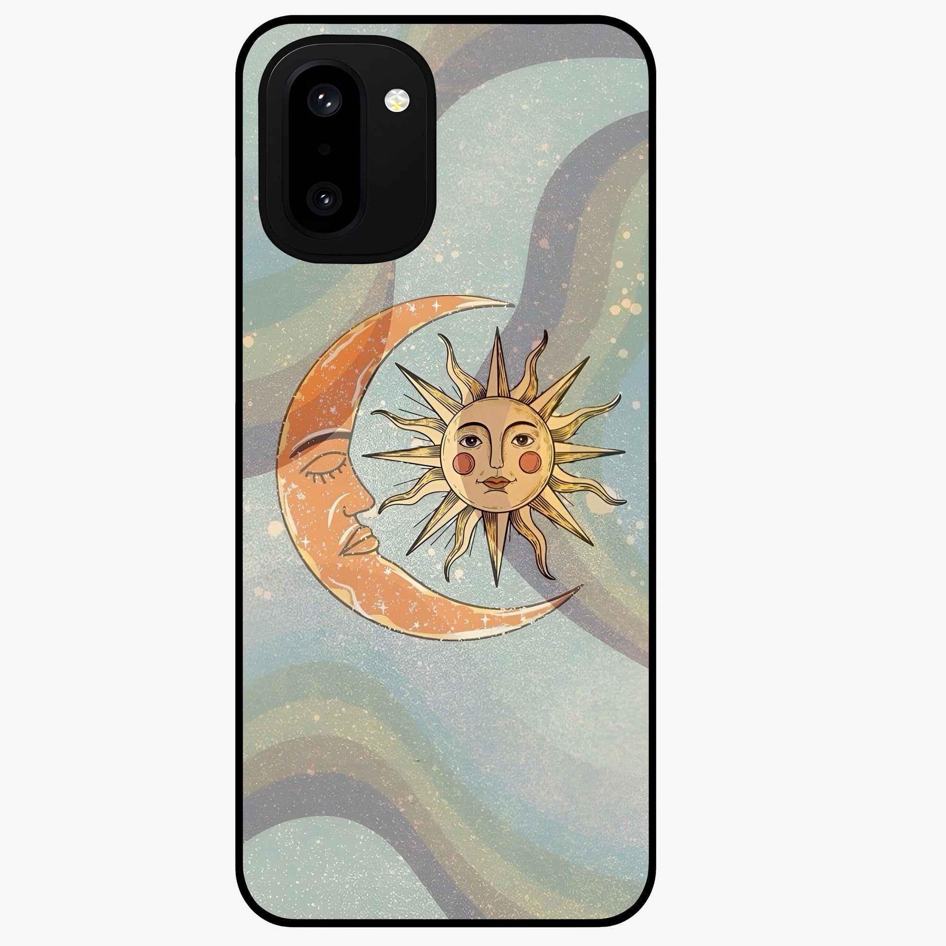 Celestial Harmony Vibes Glass Case for 1+15R serene front view featuring balanced cosmic artwork with calming tones