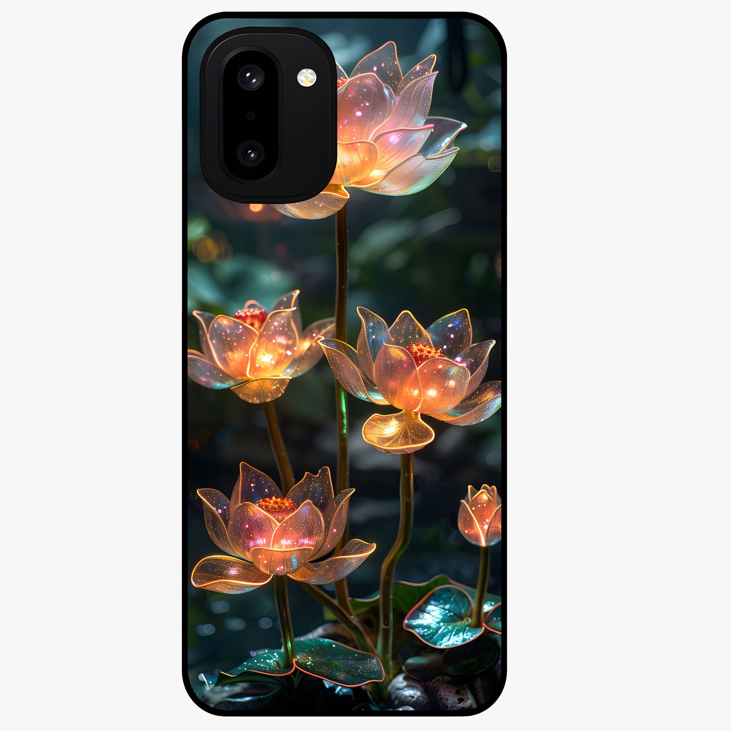 Celestial Lotus Light Glass Case for 1+15R peaceful front view featuring glowing lotus artwork with cosmic backdrop