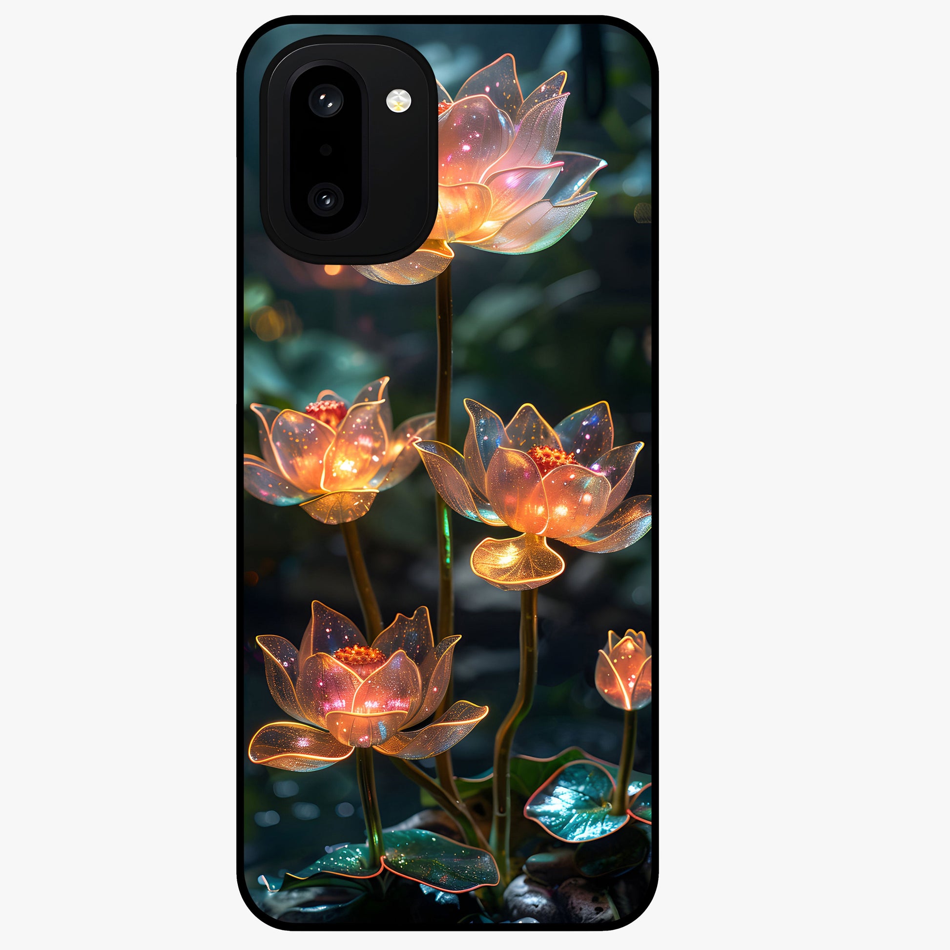 Celestial Lotus Light Glass Case for 1+15R peaceful front view featuring glowing lotus artwork with cosmic backdrop