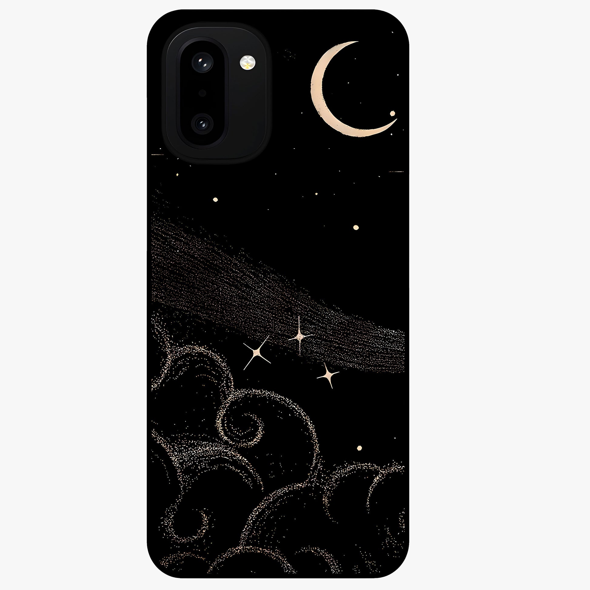 Celestial Midnight Veil Glass Case for 1+15R dramatic front view featuring deep midnight sky artwork