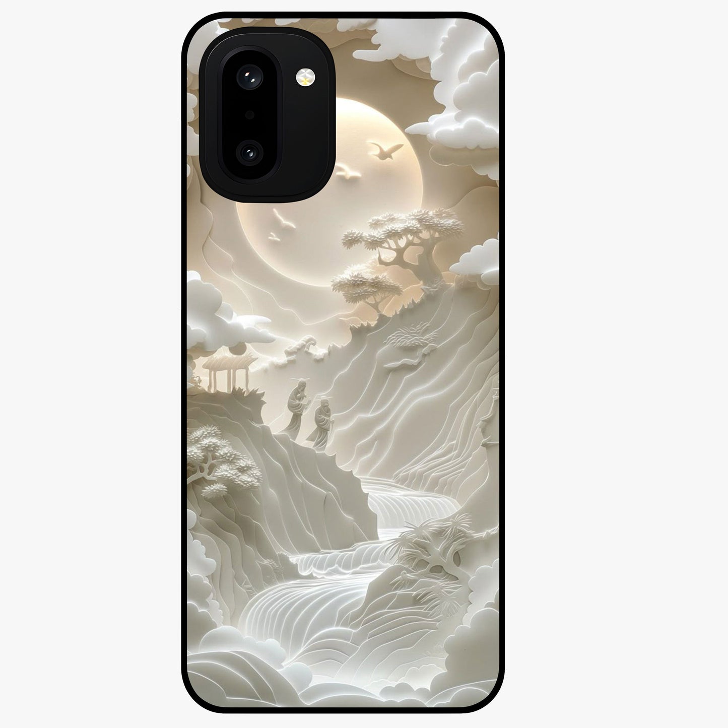 Celestial Origami Glass Case for 1+15R artistic front view featuring folded origami inspired cosmic artwork