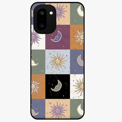 Celestial Patchwork Dreams Glass Case for 1+15R dreamy front view featuring patchwork style cosmic artwork