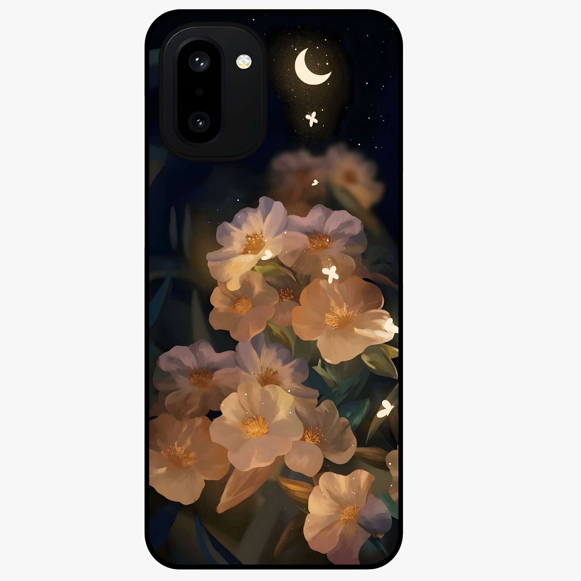 Celestial Petal Night Glass Case for 1+15R elegant front view featuring floral petals against dark night sky tones