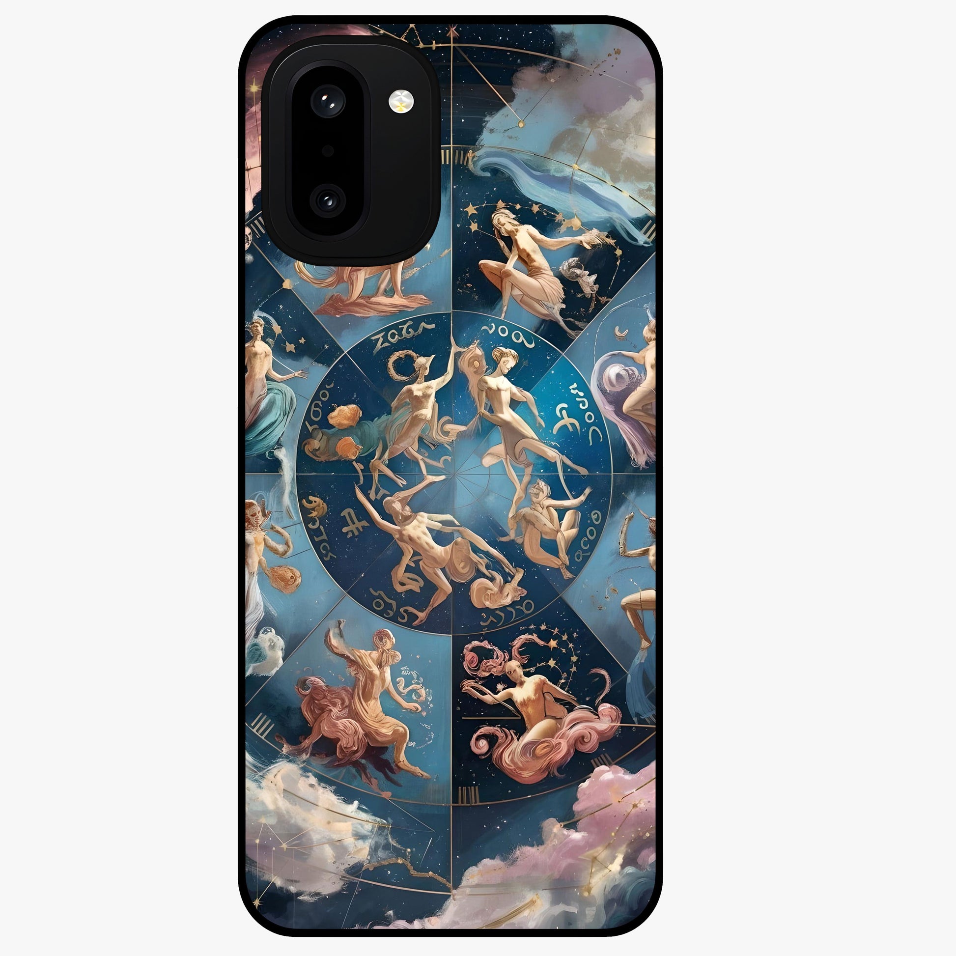 Celestial Signs Dance Glass Case for 1+15R artistic front view featuring zodiac inspired celestial symbol artwork