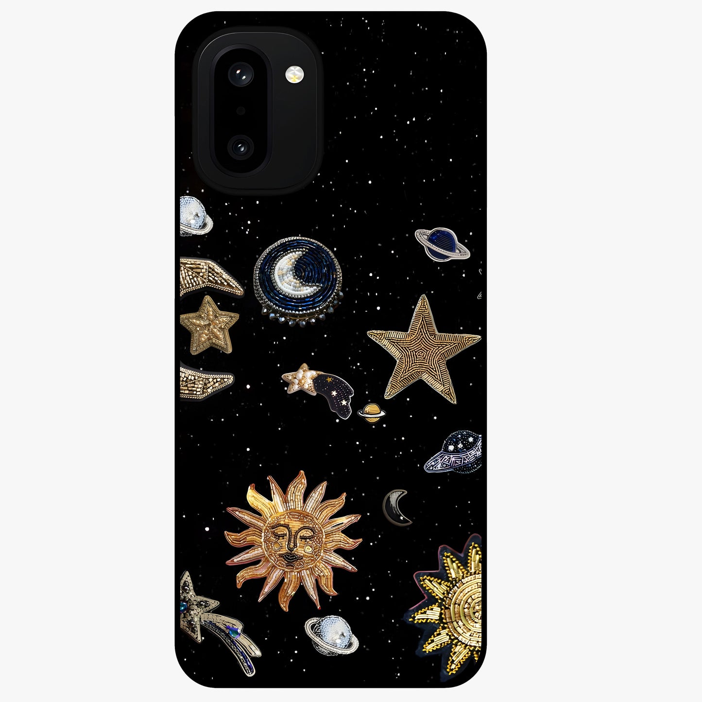 Celestial Star Charm Glass Case for 1+15R radiant front view featuring star inspired cosmic artwork