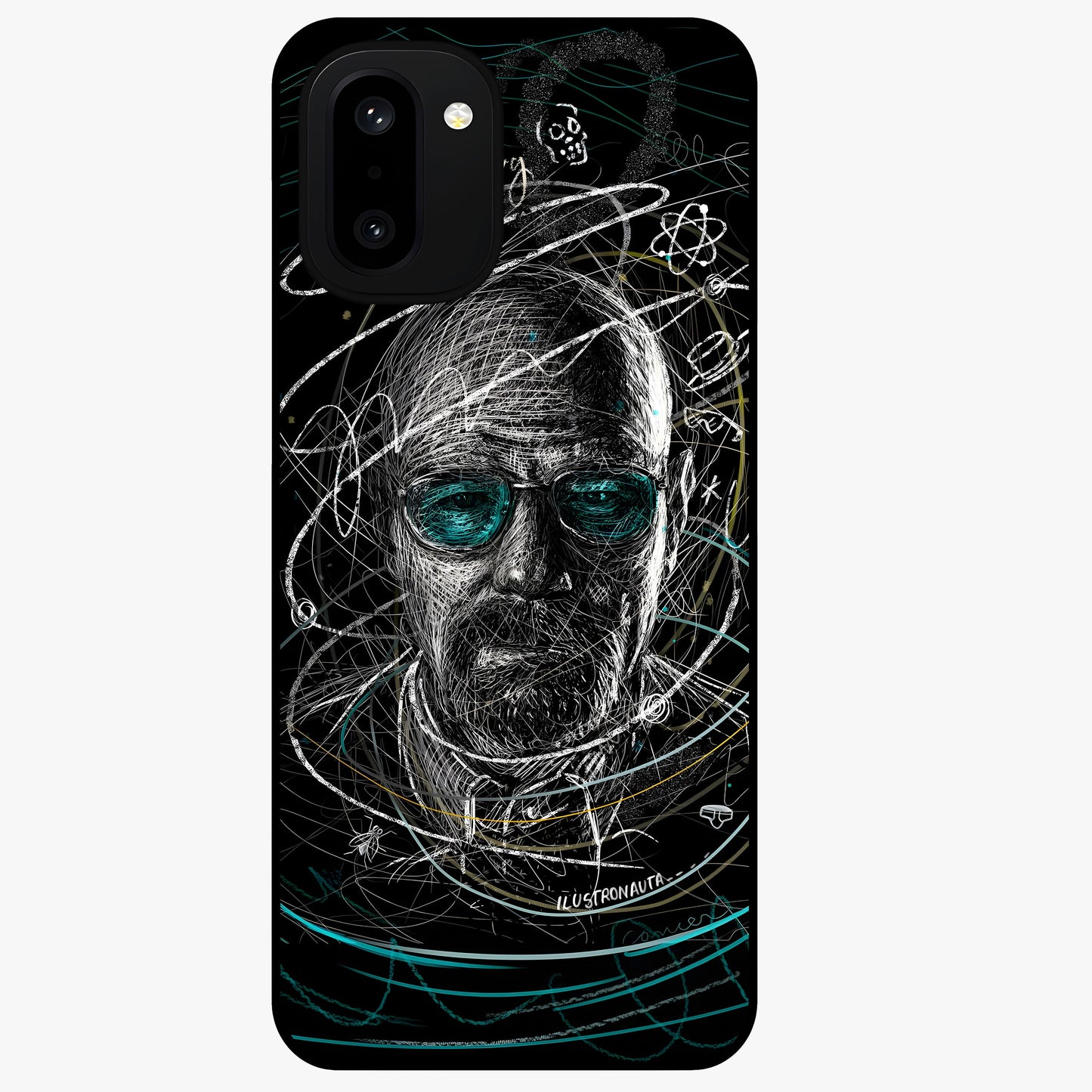 Chaotic Mind Genius Glass Case for 1+15R bold front view featuring expressive abstract typography artwork