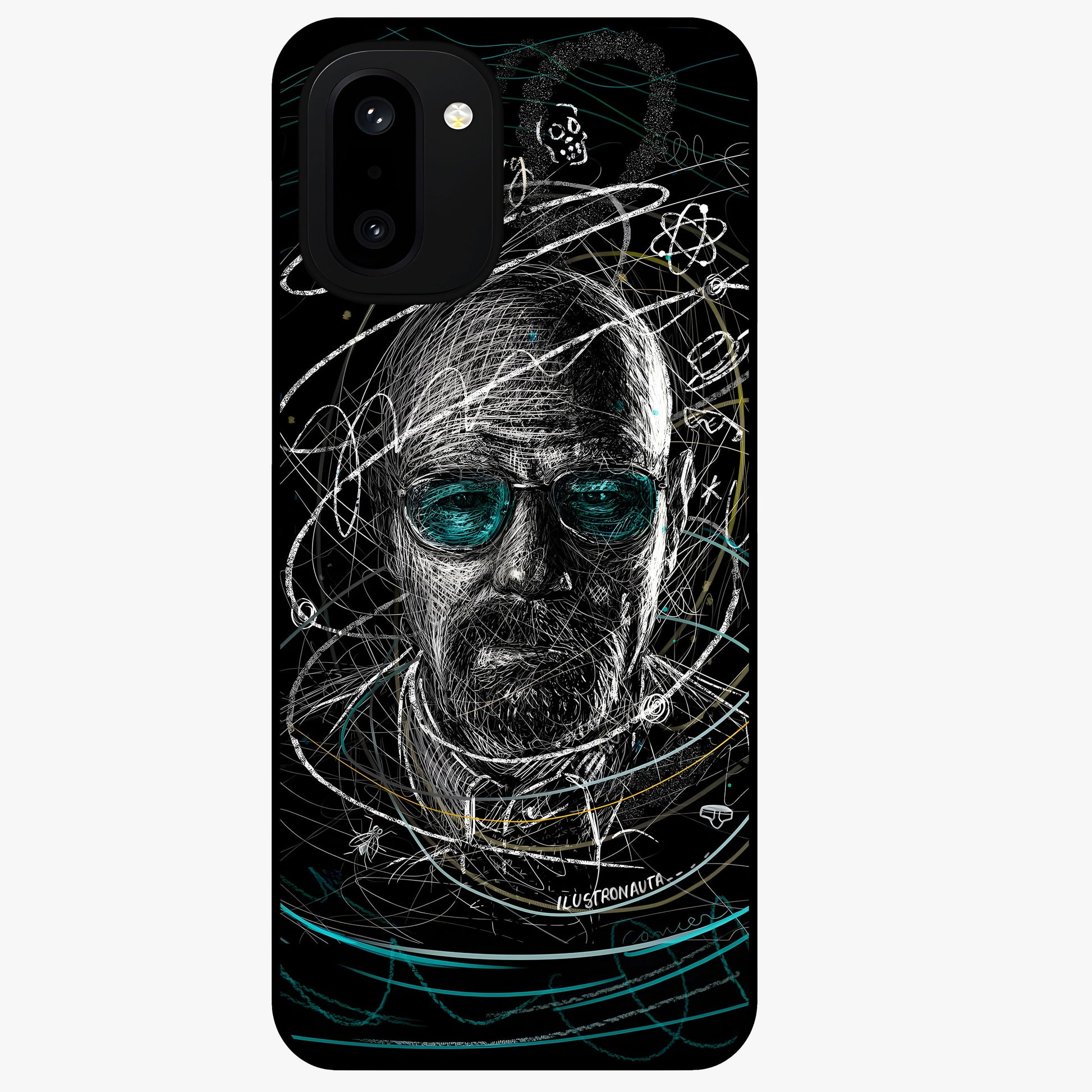 Chaotic Mind Genius Glass Case for 1+15R bold front view featuring expressive abstract typography artwork