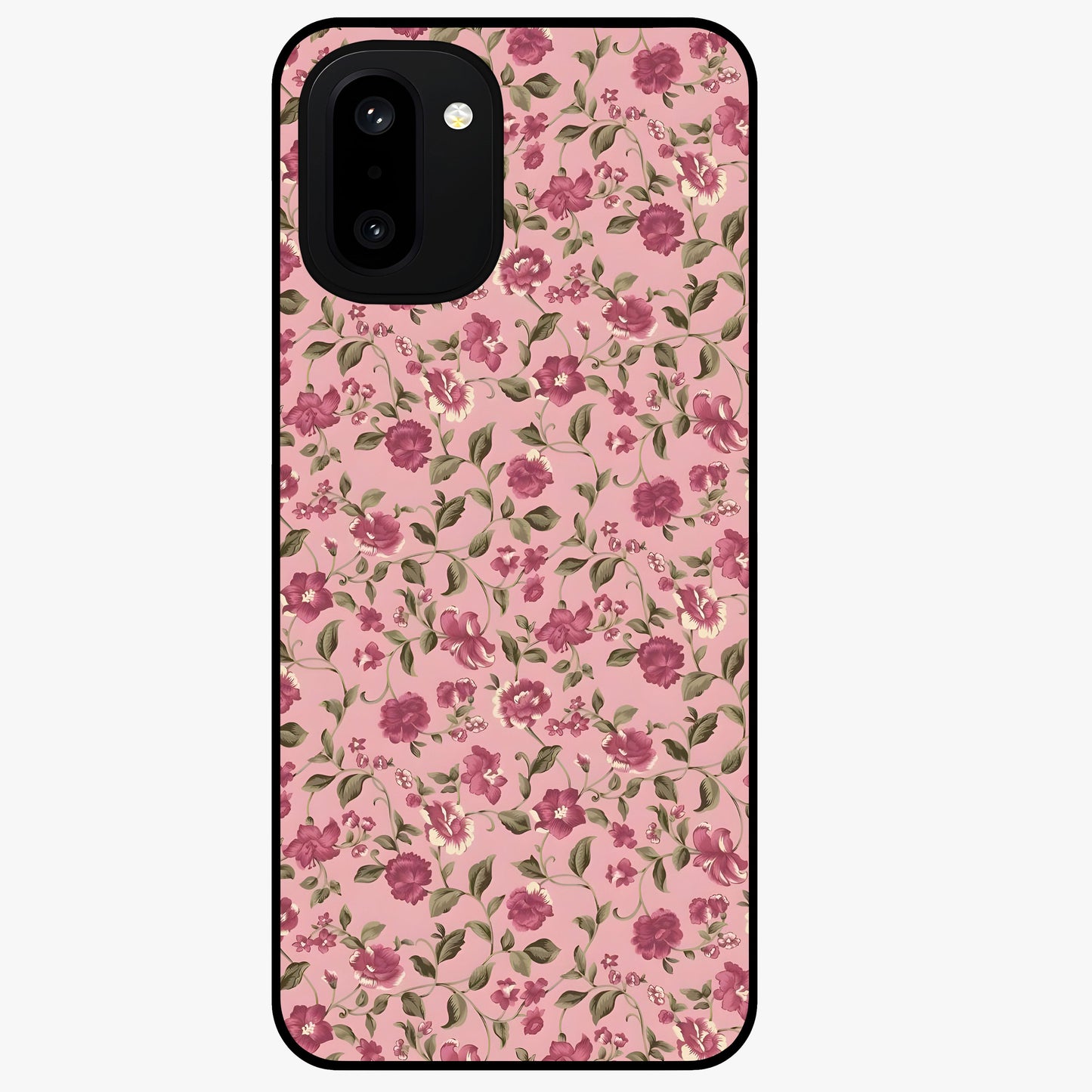 Charming Pink Floral Glass Case for 1+15R soft front view featuring delicate pink floral artwork