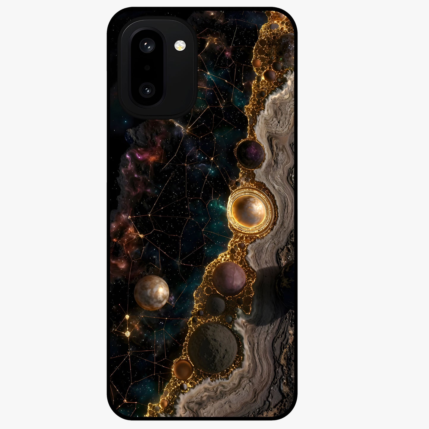 Cosmic Gold Path Glass Case for 1+15R luxurious front view featuring golden pathway artwork against cosmic backdrop