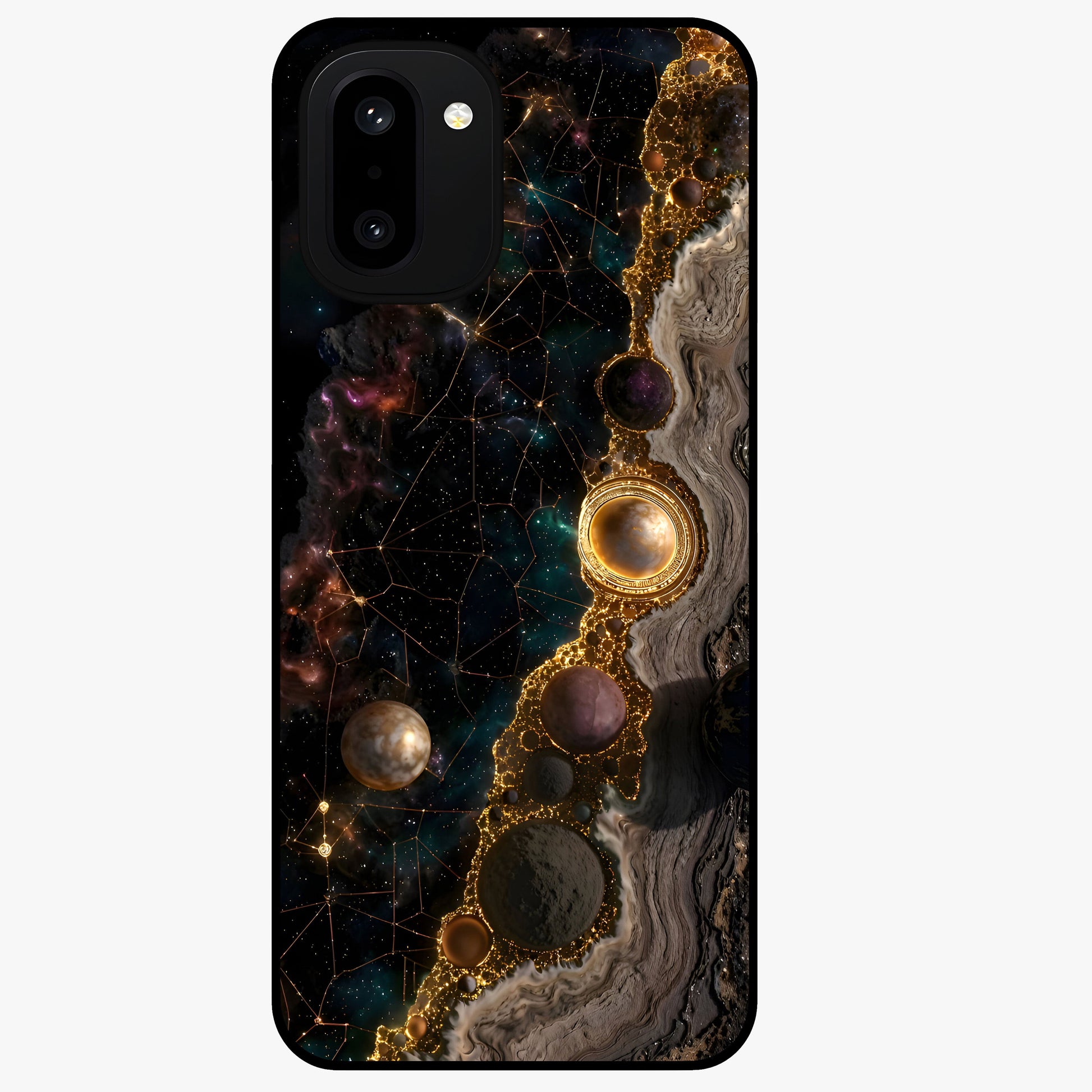 Cosmic Gold Path Glass Case for 1+15R luxurious front view featuring golden pathway artwork against cosmic backdrop
