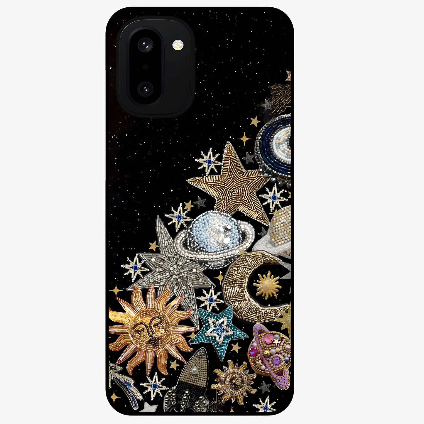 Cosmic Sparkle Dreams Glass Case for 1+15R magical front view featuring sparkling star artwork with dreamy gradients