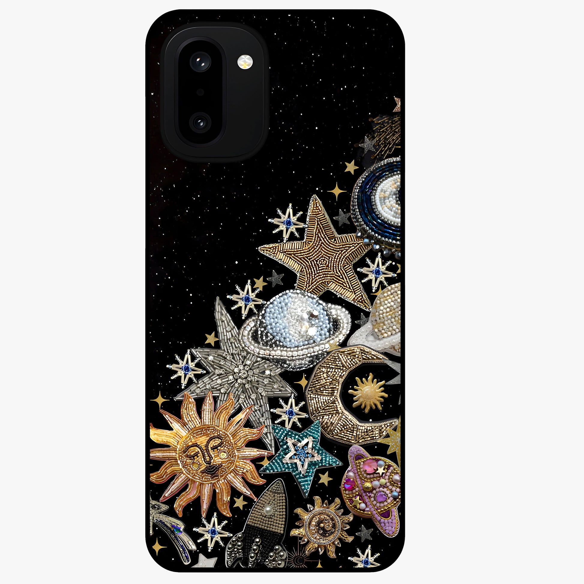 Cosmic Sparkle Dreams Glass Case for 1+15R magical front view featuring sparkling star artwork with dreamy gradients