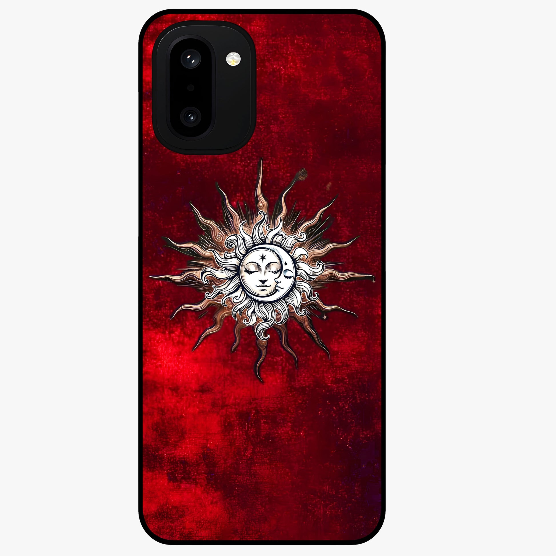 Cosmic Twin Eclipse Glass Case for 1+15R dramatic front view featuring dual eclipse artwork with deep space tones