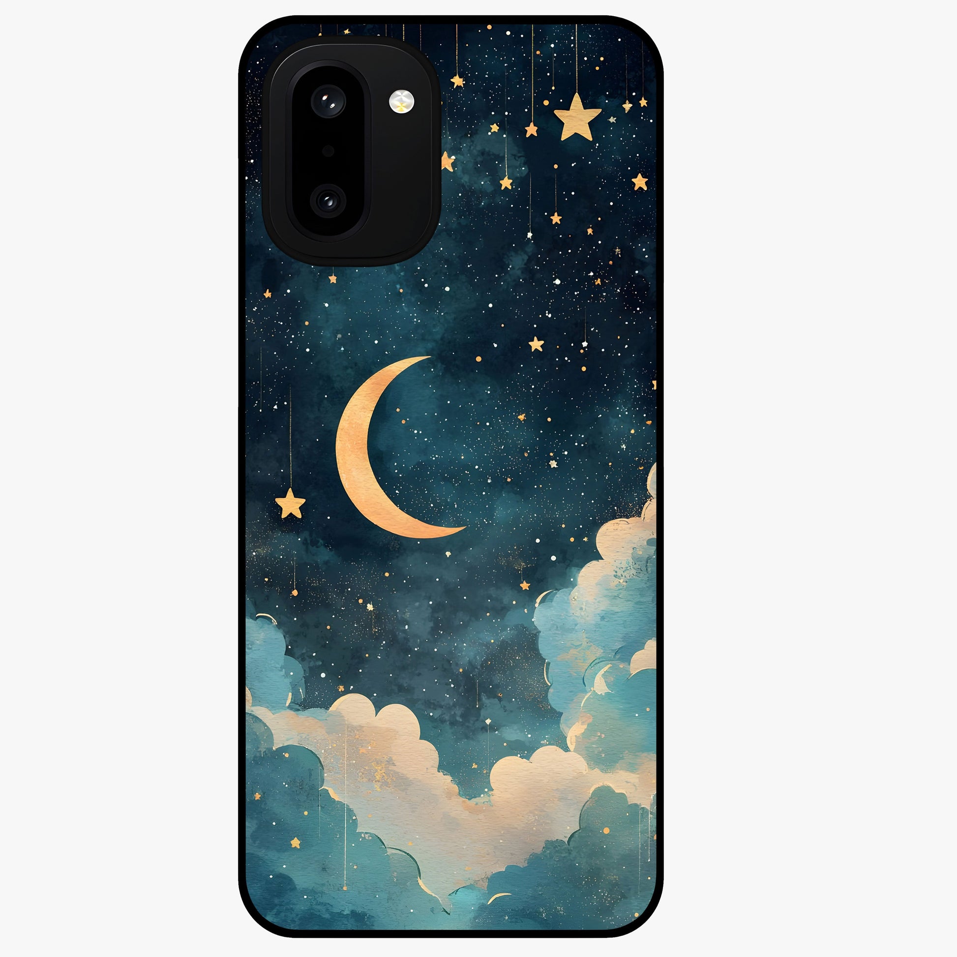 Crescent Galaxy Moon Glass Case for 1+15R mystical front view featuring crescent moon artwork with cosmic background