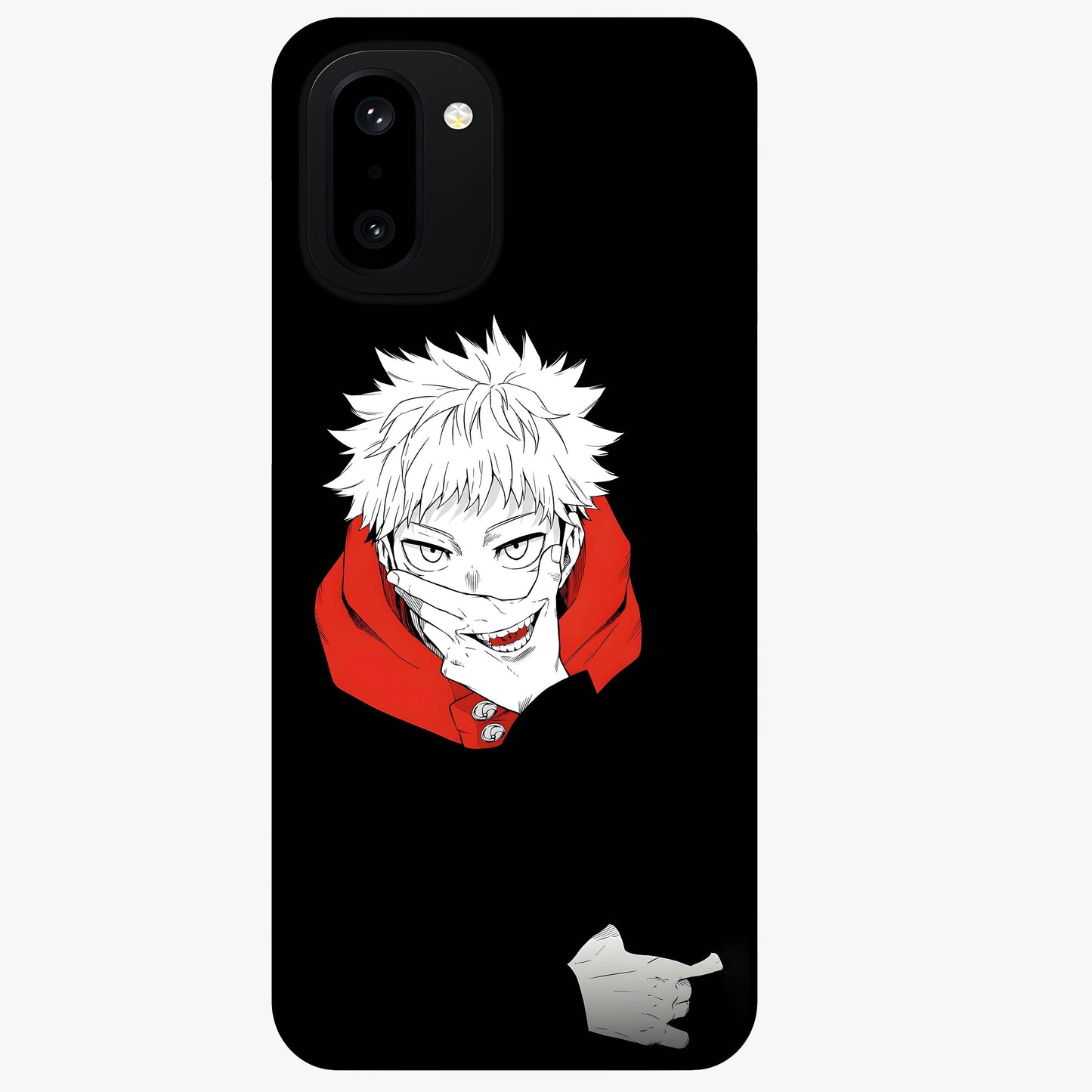 Crimson Chaos Smile Glass Case for 1+15R bold front view featuring edgy smile artwork in deep crimson tones
