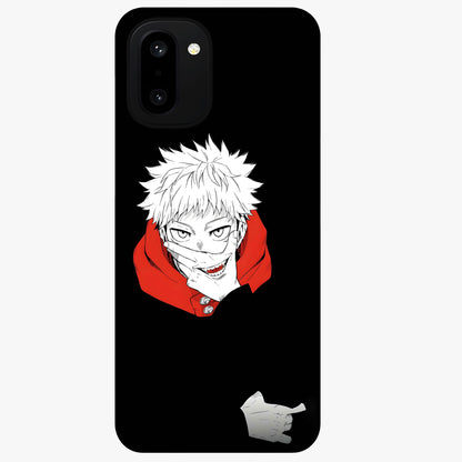 Crimson Chaos Smile Glass Case for 1+15R bold front view featuring edgy smile artwork in deep crimson tones