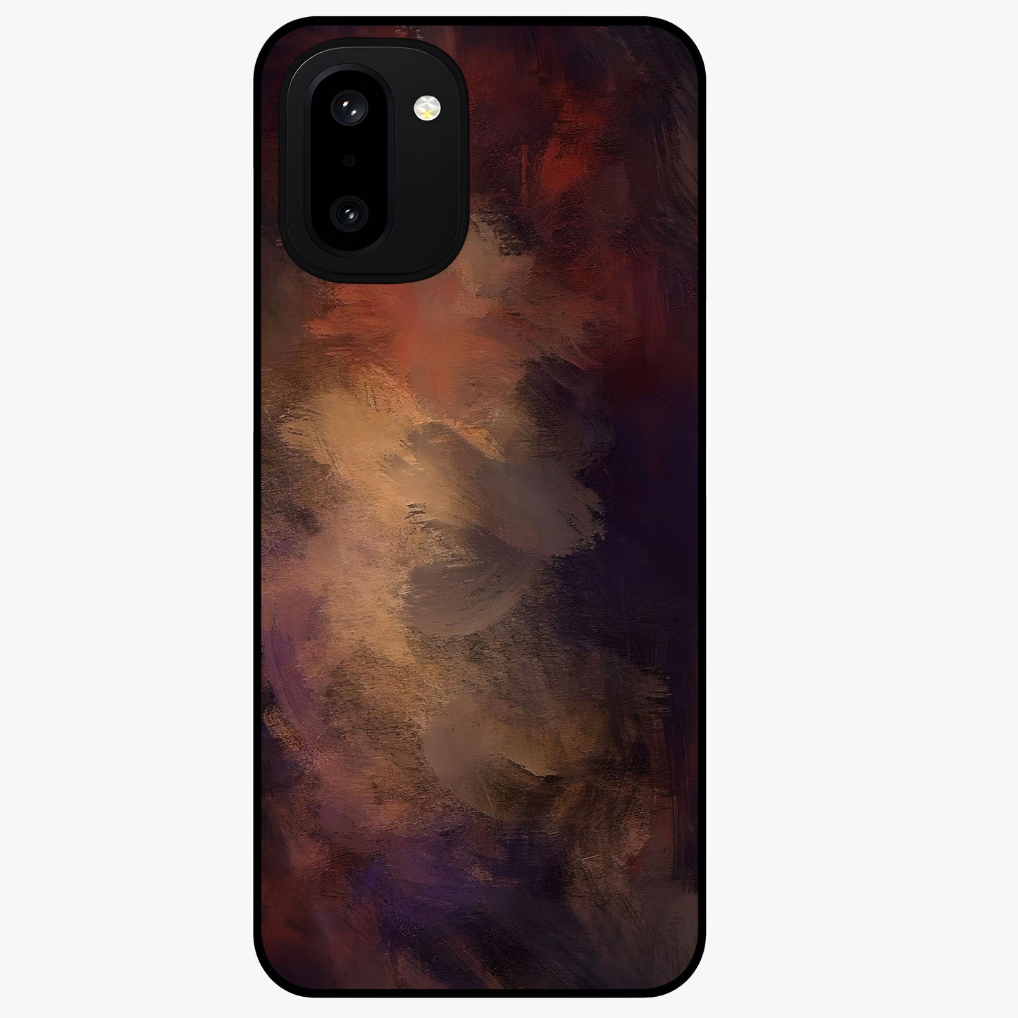Crimson Dusk Whirl Glass Case for 1+15R dramatic front view featuring swirling dusk inspired crimson artwork