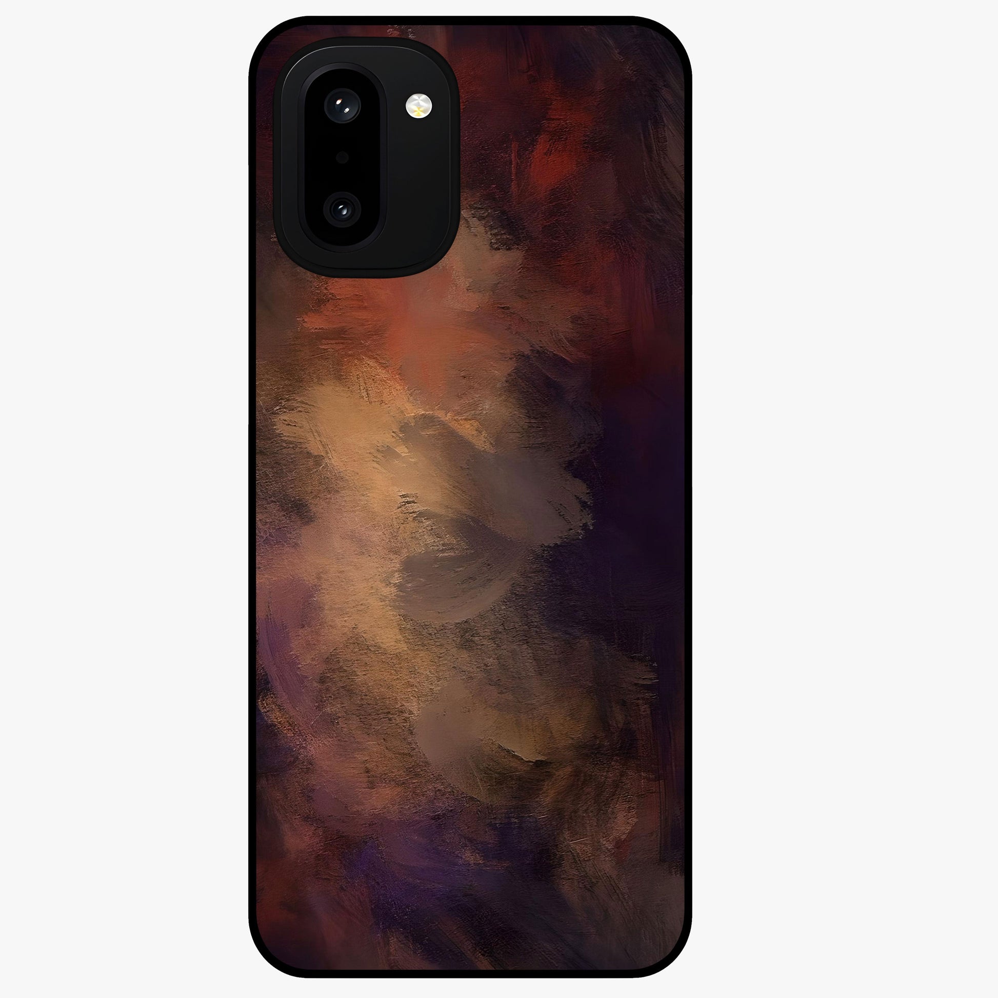 Crimson Dusk Whirl Glass Case for 1+15R dramatic front view featuring swirling dusk inspired crimson artwork