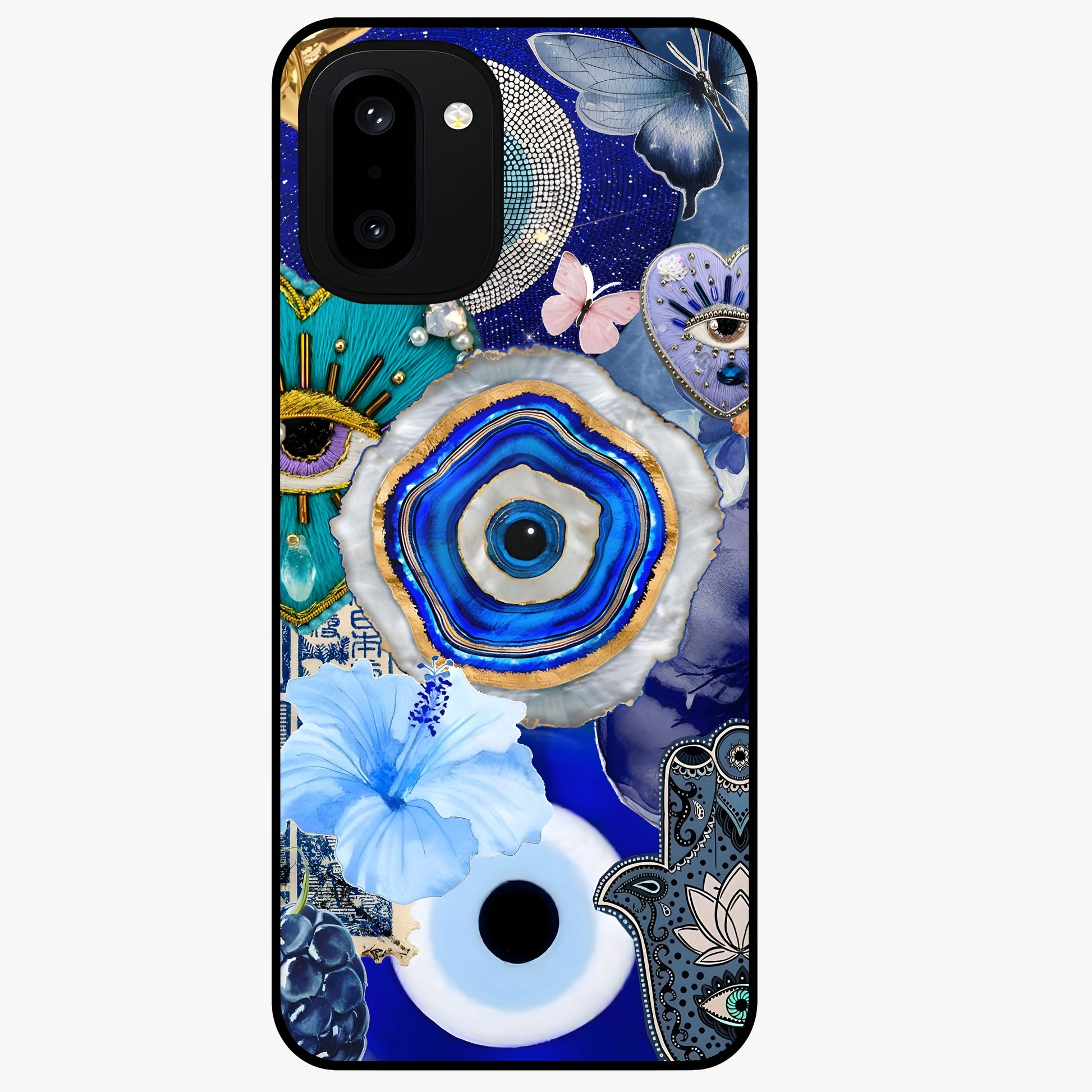 Crimson Evil Eye Charm Glass Case for 1+15R bold front view featuring protective evil eye artwork in deep red tones