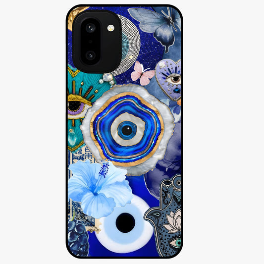 Crimson Evil Eye Charm Glass Case for 1+15R bold front view featuring protective evil eye artwork in deep red tones