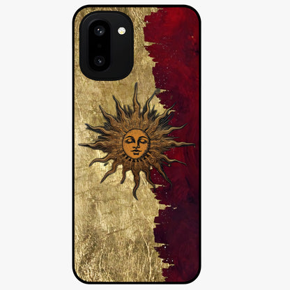Crimson Sun Majesty Glass Case for 1+15R radiant front view featuring glowing sun artwork in deep red hues