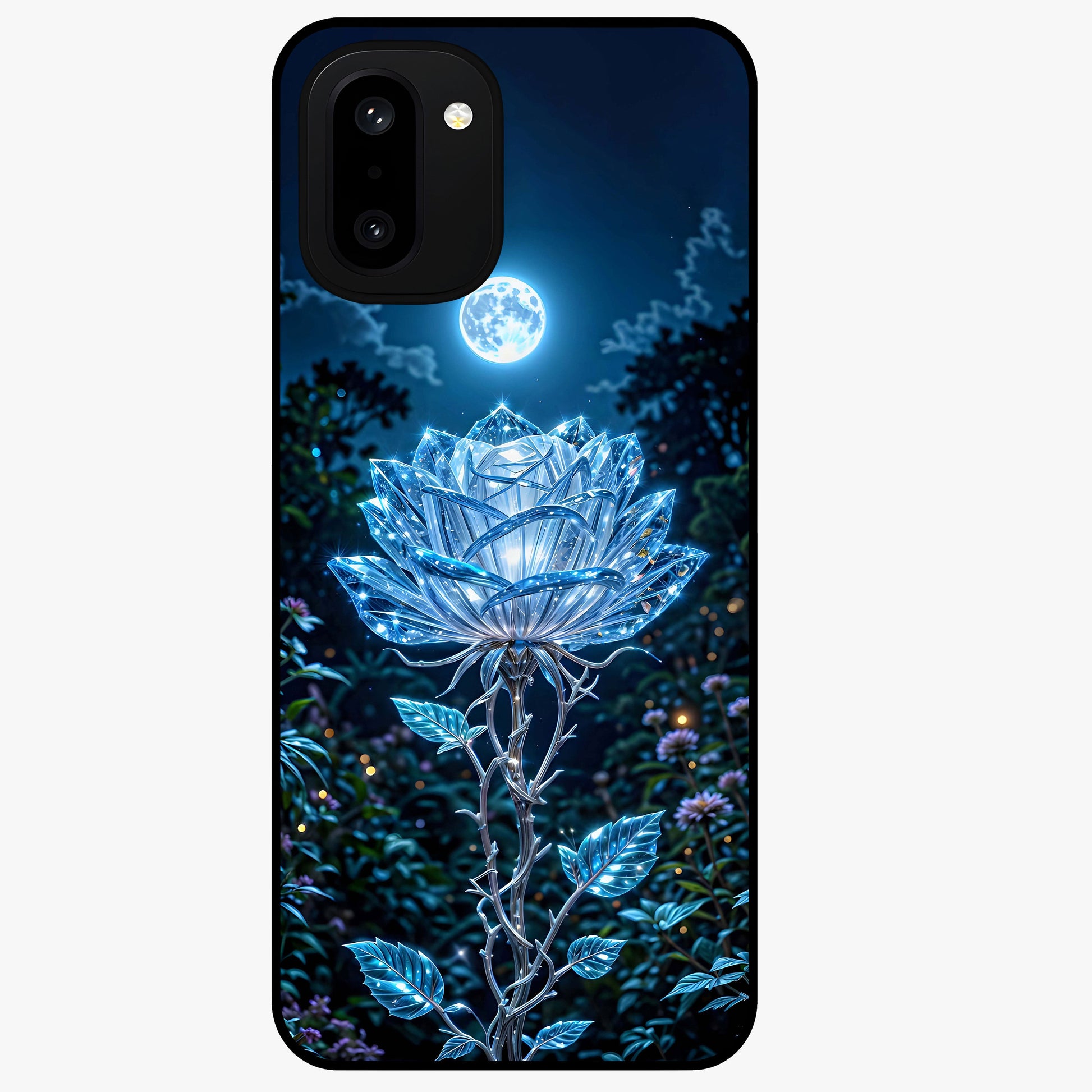 Crystal Moon Lotus Glass Case for 1+15R serene front view featuring glowing lotus artwork under crystal moonlight