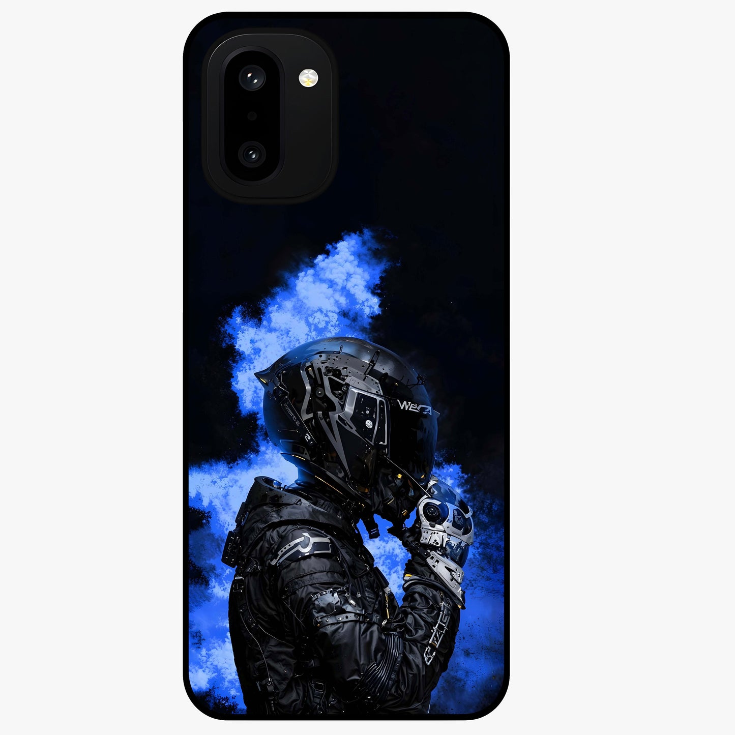 Cyber Sentinel Protocol Glass Case for 1+15R bold front view featuring futuristic cyberpunk inspired artwork