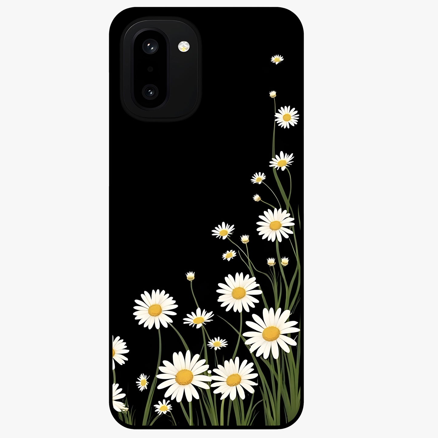 Daisy Cascade on Black Glass Case for 1+15R elegant front view featuring white daisy artwork on deep black background