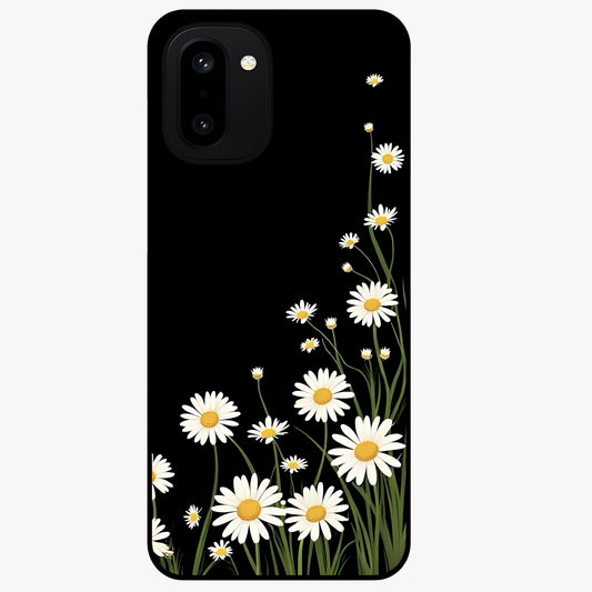 Daisy Cascade on Black Glass Case for 1+15R elegant front view featuring white daisy artwork on deep black background