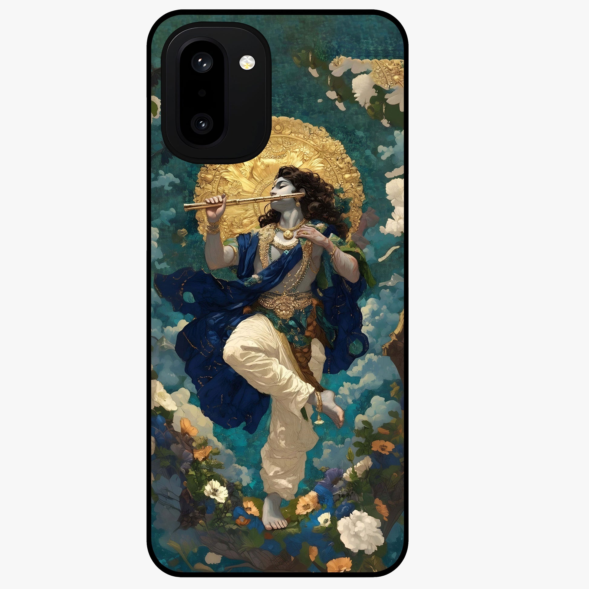 Divine Krishna Art Glass Case for 1+15R devotional front view featuring detailed Krishna artwork