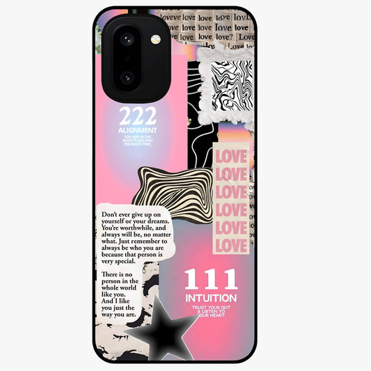 Divine Love Vibes Glass Case for 1+15R soft front view featuring romantic artistic typography design