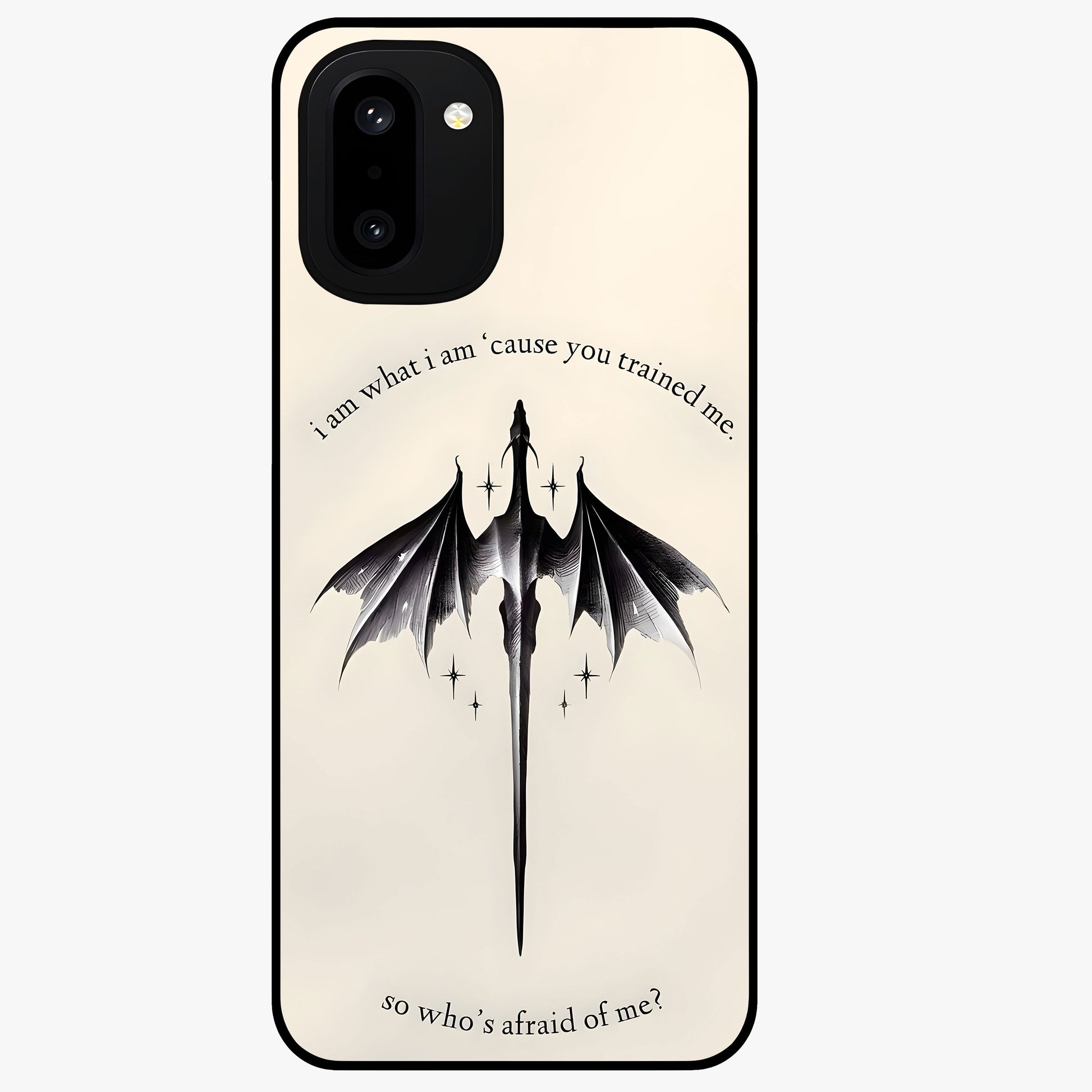 Dragon Quote Art Glass Case for 1+15R bold front view featuring dragon illustration with motivational quote artwork