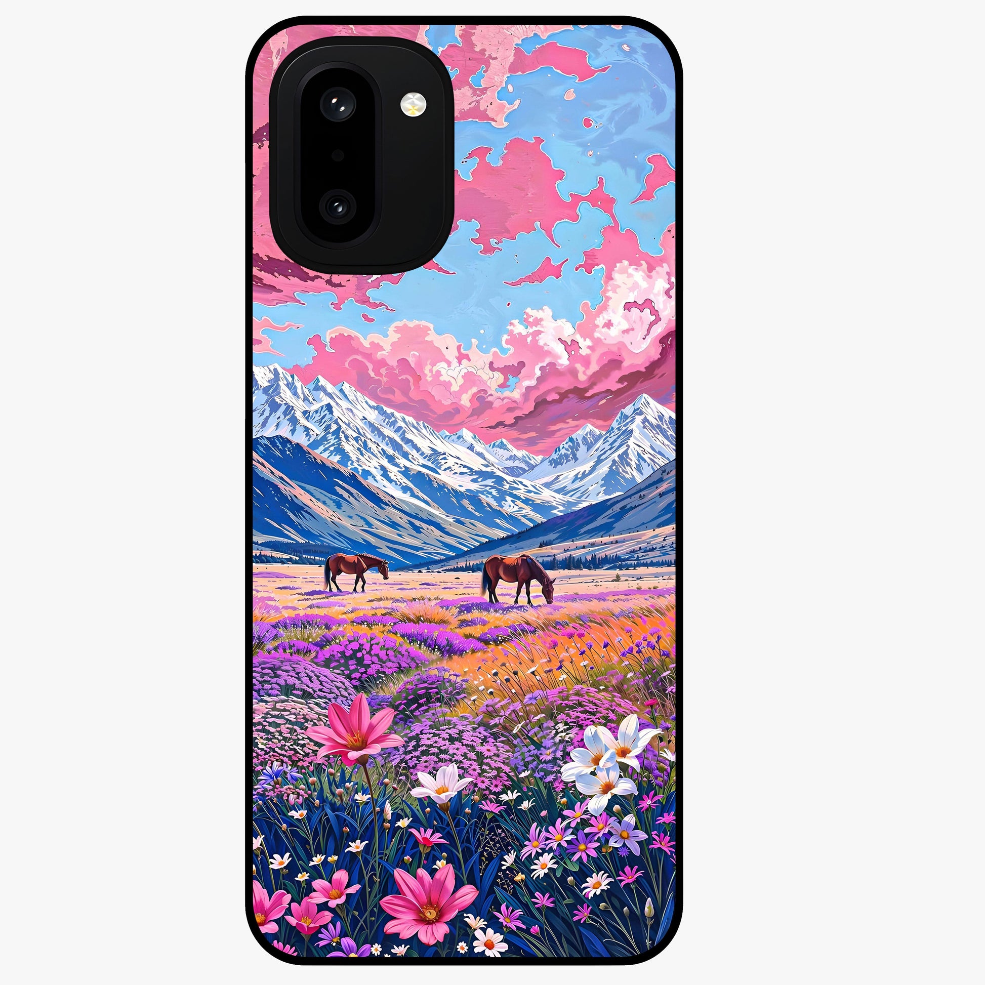 Dreamy Floral Pastures Glass Case for 1+15R soft front view featuring pastel floral meadow artwork
