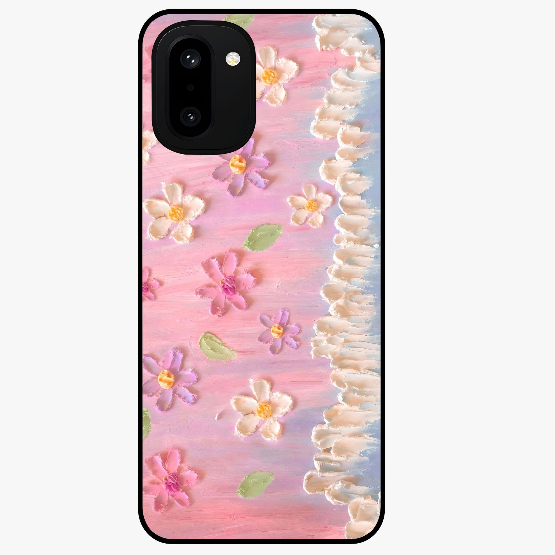 Dreamy Painted Garden Glass Case for 1+15R artistic front view featuring hand painted floral garden artwork