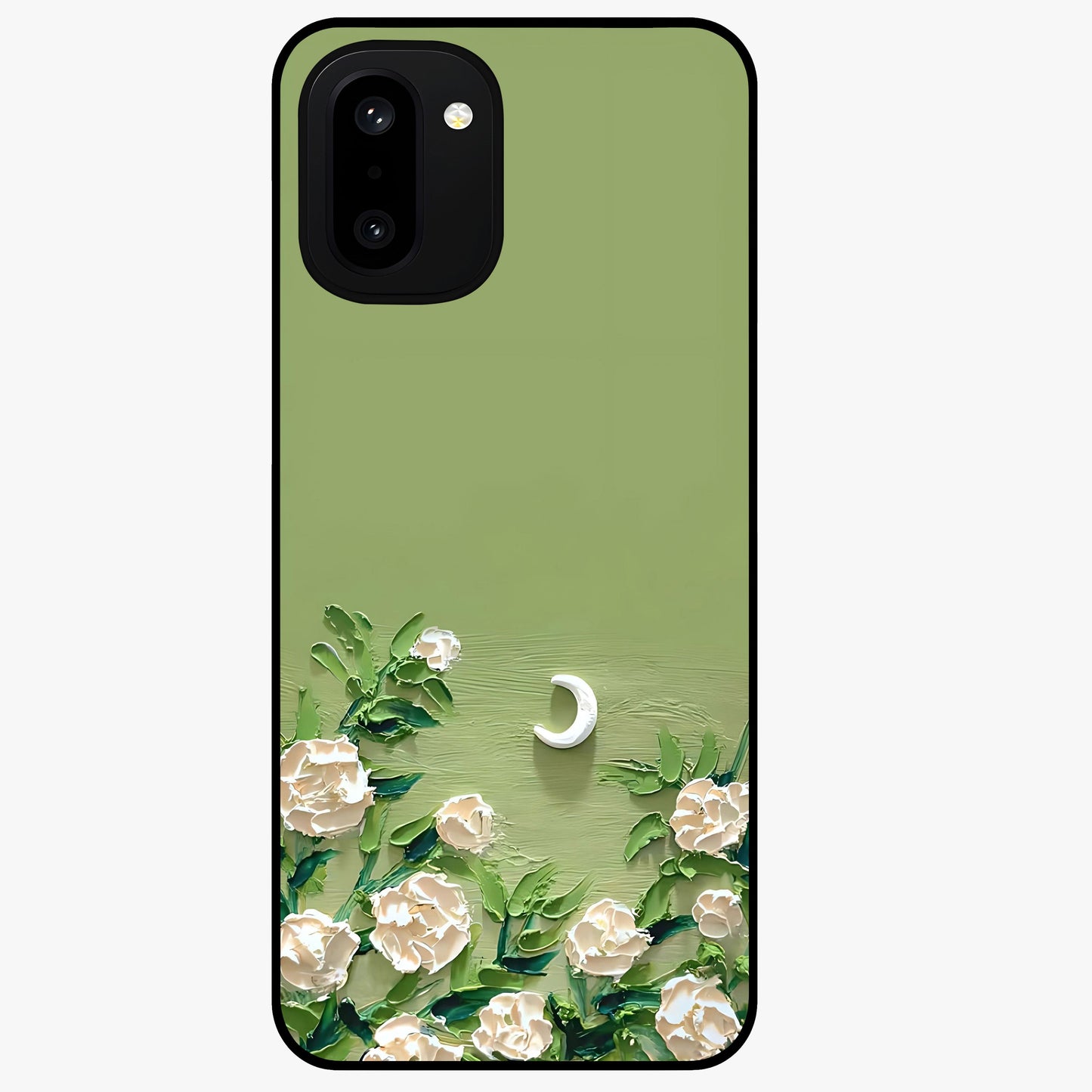 Emerald Bloom Calm Glass Case for 1+15R elegant front view featuring soothing emerald floral artwork