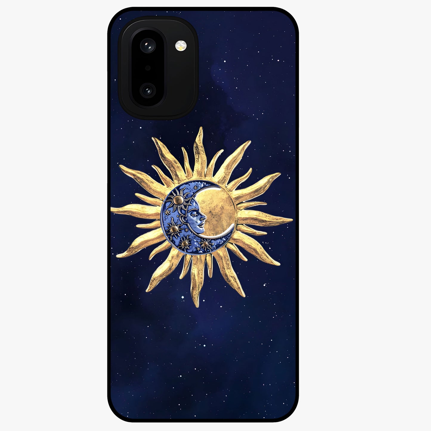 Eternal Cosmic Balance Glass Case for 1+15R artistic front view featuring symmetrical cosmic artwork
