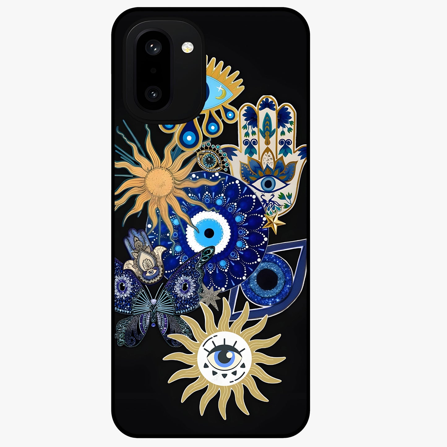 Evil Eye Charm Vibes Glass Case for 1+15R stylish front view featuring aesthetic evil eye inspired artwork