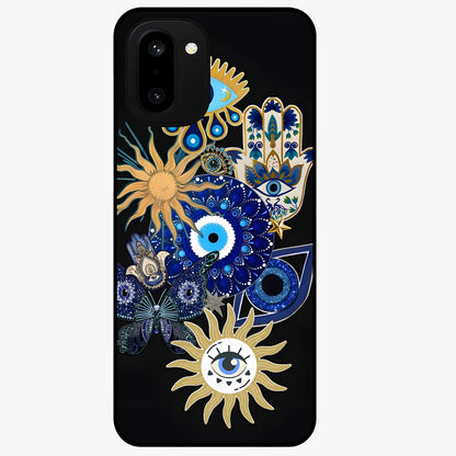 Evil Eye Charm Vibes Glass Case for 1+15R stylish front view featuring aesthetic evil eye inspired artwork