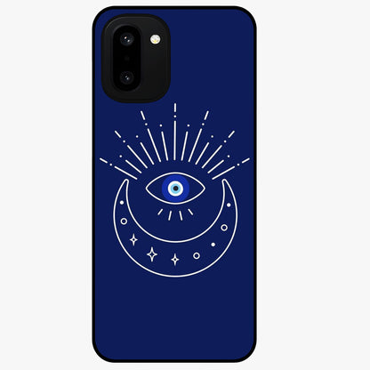 Evil Eye With Blue Themed Collage Glass Case for 1+15R artistic front view featuring blue collage style evil eye artwork