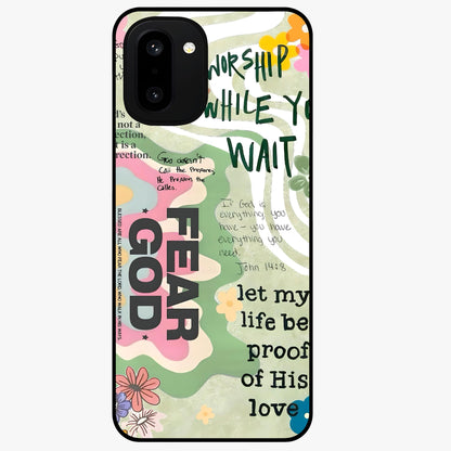 Faith Over Fear Glass Case for 1+15R inspirational front view featuring bold motivational typography artwork