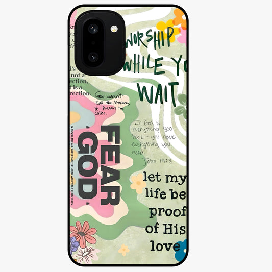 Faith Over Fear Glass Case for 1+15R inspirational front view featuring bold motivational typography artwork