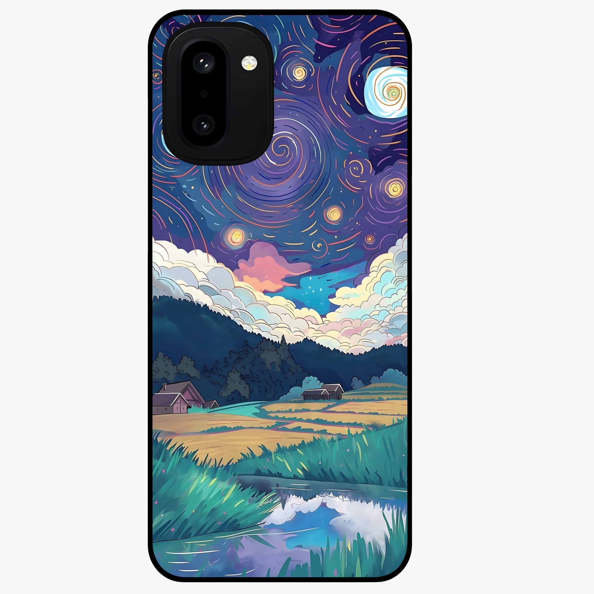 Fields Beneath the Cosmos Glass Case for 1+15R dreamy front view featuring meadow landscape under cosmic sky