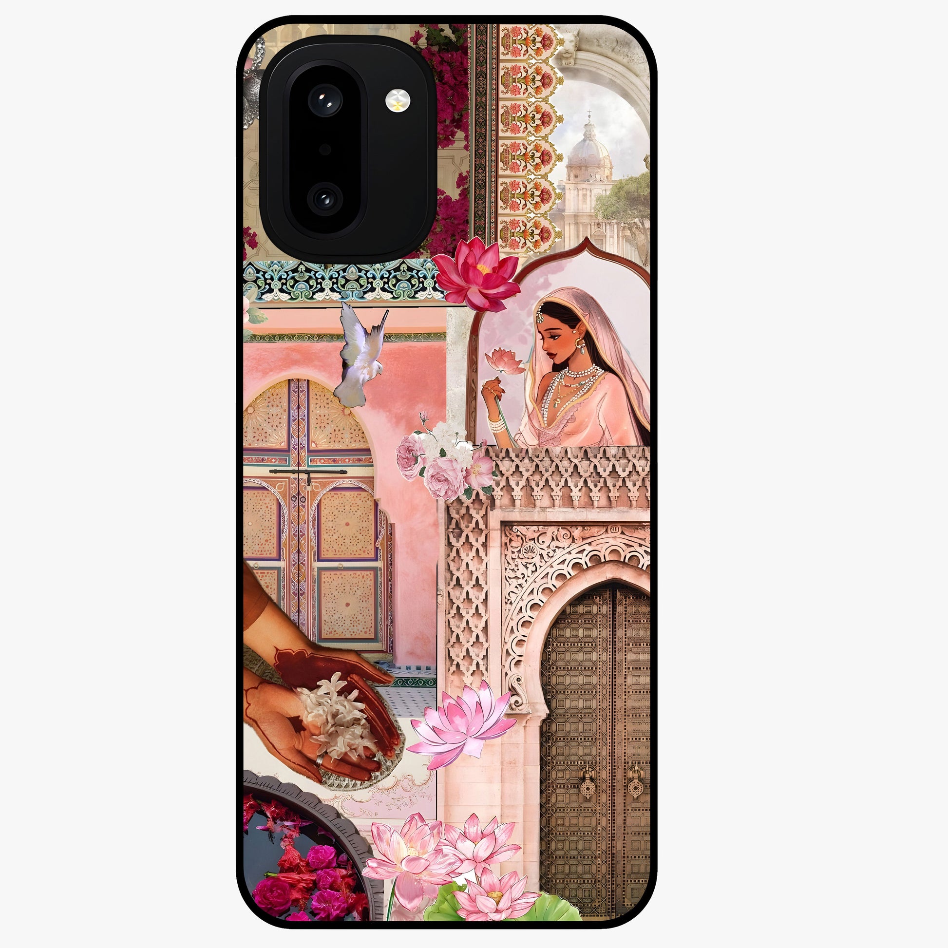 Floral Courtyard Muse Glass Case for 1+15R elegant front view featuring artistic courtyard floral artwork