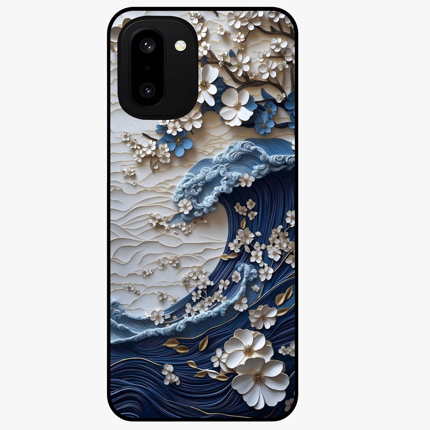 Floral Wave Origami Glass Case for 1+15R artistic front view featuring folded origami inspired floral wave artwork