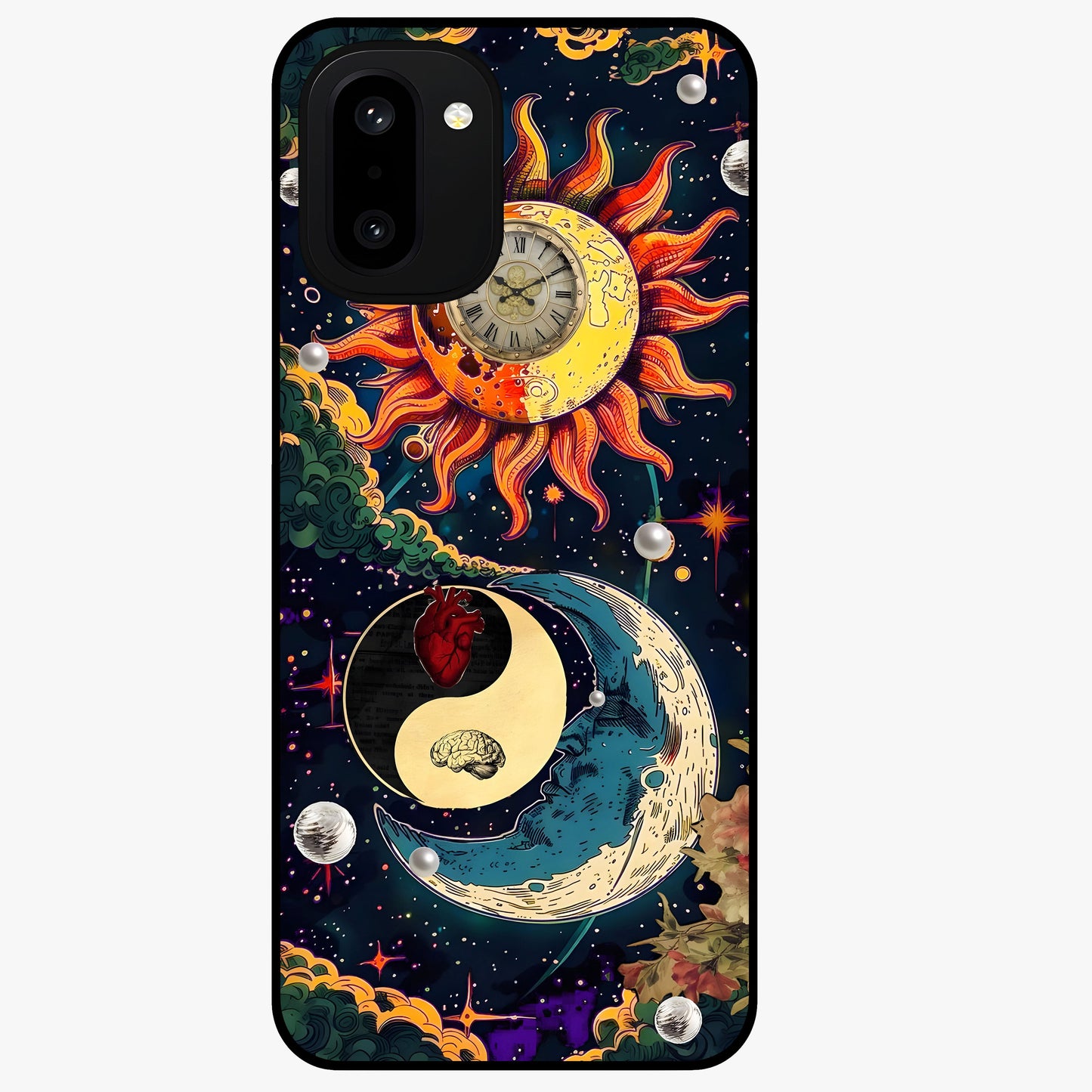 Future Universe Glass Case for 1+15R futuristic front view featuring cosmic inspired abstract artwork