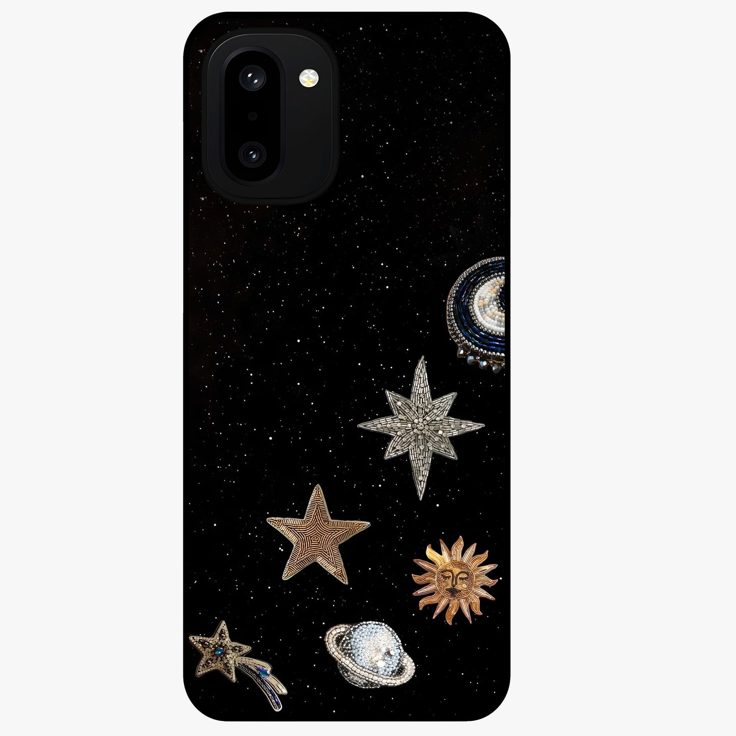 Galactic Charm Glow Glass Case for 1+15R radiant front view featuring glowing cosmic charm artwork