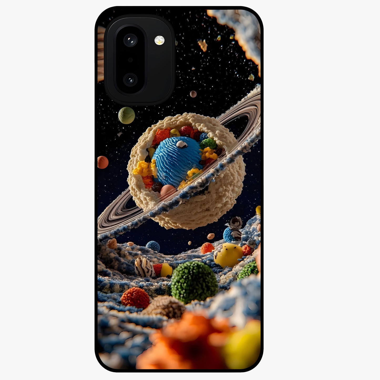 Galactic Dessert Dream Printed Glass Case for 1+15R playful front view featuring dessert themed artwork with cosmic twist