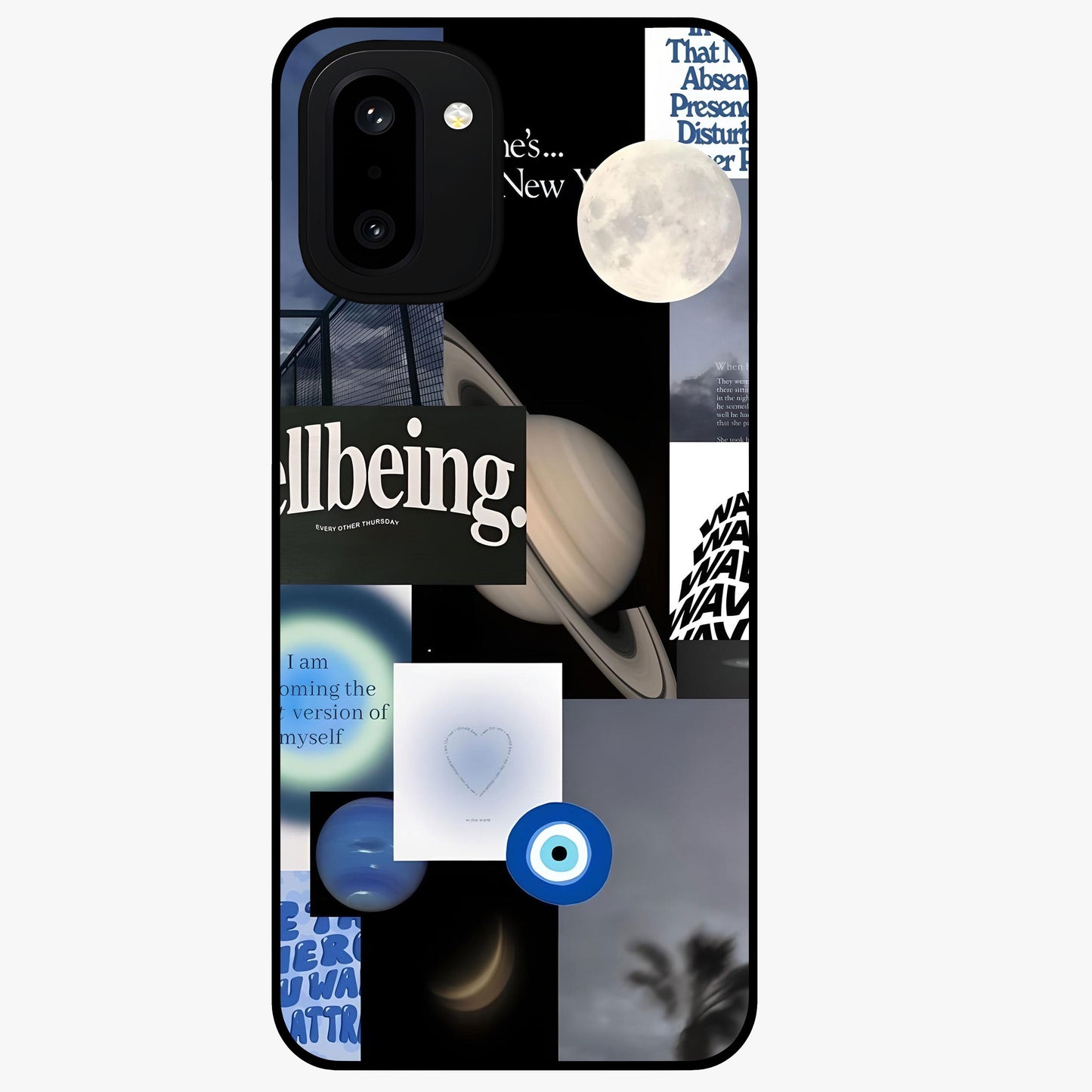Galactic Energy Collage Glass Case for 1+15R artistic front view featuring layered cosmic collage artwork